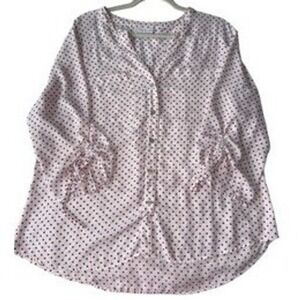 NEW YORK & COMPANY Red Polka Dot V Neck Roll Tab Sleeve Button Up Shirt XL